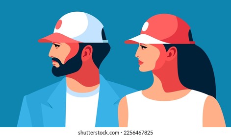 Romantic concept. Couple in baseball caps, side view. Handsome bearded man and beautiful young woman with long hair. Vector illustration