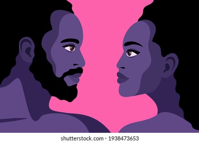 Romantic concept. Couple in love, African man and woman, face to face, eyes to eyes. Double portrait, side view. Vector illustration