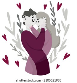 Romantic concept. Couple in love embracing together and smile. Two hugging lovers. Happy Valentines Day 14 February card. Vector illustration.