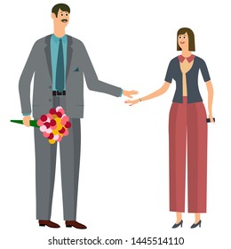 Romantic concept. Couple in love. The guy with the girl on a date. The guy came with a bouquet of flowers. Vector illustration