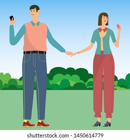 Romantic concept. Couple in love. The guy with the girl on a date. The guy came with a bouquet of flowers. Vector illustration