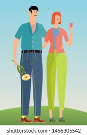 Concepto romántico. Pareja enamorada. El tipo con la chica en una cita. El tipo vino con un ramo de flores. Ilustración del vector