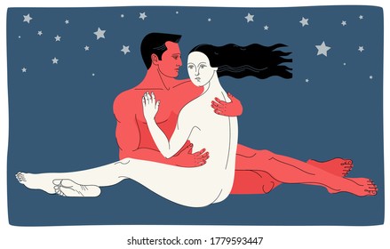 Romantic concept, couple in love. Hugging lovers sitting under the starry sky. Two full length characters. Vector illustration