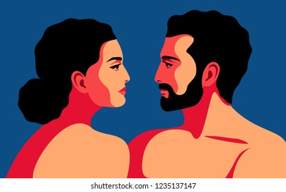 Romantic concept. Couple in love, man and woman, face to face, close-up portraits, side view. Vector illustration