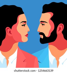 Romantic concept. Couple in love, man and woman, face to face, close-up portraits, side view. Vector illustration