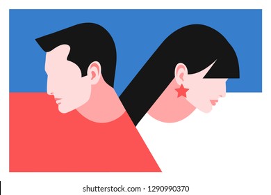 Romantic concept. Couple in love, man and woman, back to back. Two young lovers, side view. Vector illustration