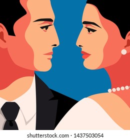 Romantic concept. Couple in love, man and woman, face to face, side view. Vector illustration