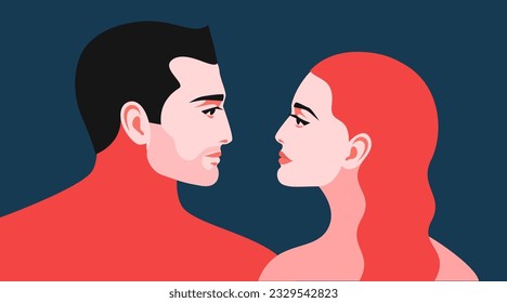Romantic concept. Couple in love, man and woman, face to face, side view. Vector illustration