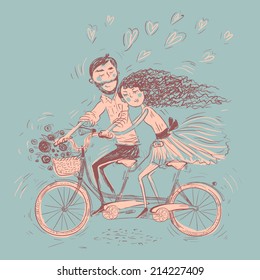 Romantic concept. Couple in love on tandem bicycle