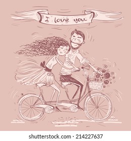 Romantic concept. Couple in love on tandem bicycle