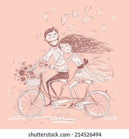 Romantic concept. Couple in love on tandem bicycle