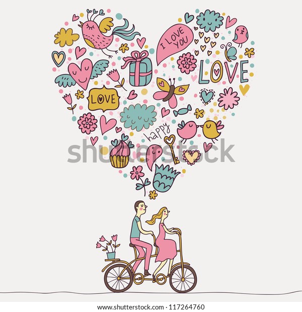 ロマンチックなコンセプト 愛する夫婦がタンデム自転車に乗る かわいい漫画のベクターイラスト のベクター画像素材 ロイヤリティフリー