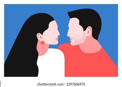 Romantic concept. Couple in love, side view. Two lovers, man and woman, face to face. Vector illustration