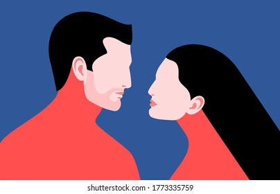 Romantic concept. Couple in love, side view. Two lovers, man and woman, face to face. Vector illustration