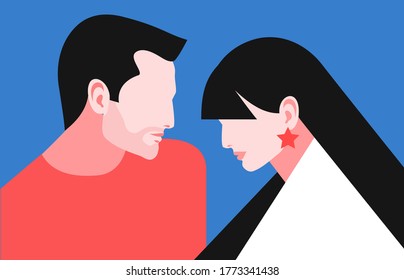 Romantic concept. Couple in love, side view. Two lovers, man and woman, face to face. Vector illustration