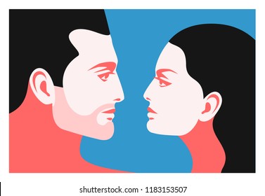 Romantic concept. Couple in love. Two lovers, man and woman, face to face, close-up portraits, side view. Vector illustration