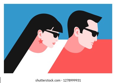 Romantic concept. Couple in love. Two lovers, man and woman, face in profile. Vector illustration