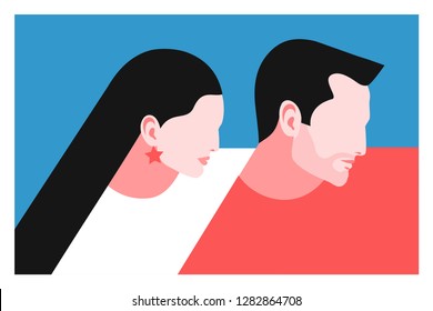 Romantic concept. Couple in love. Two lovers, man and woman, face in profile. Vector illustration