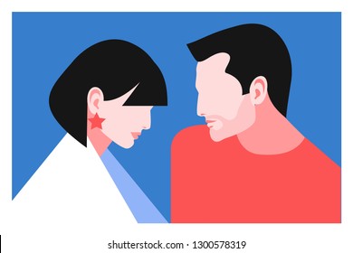 Romantic concept. Couple in love. Two lovers, man and woman, face to face, looking down. Vector illustration