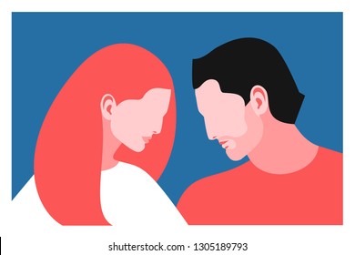 Romantic concept. Couple in love. Two lovers, man and woman, profile face. Vector illustration