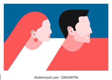 Romantic concept. Couple in love. Two lovers, man and woman, side view. Vector illustration