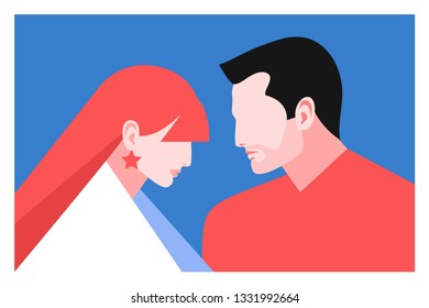 Romantic concept, couple in love. Two lovers, man and woman, face to face. Vector illustration