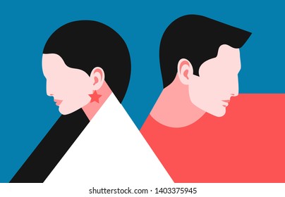 Concepto romántico, pareja enamorada. Dos amantes, hombre y mujer, caras de perfil. Ilustración del vector