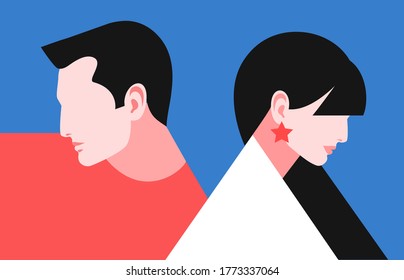 Romantic concept. Couple in love. Two lovers, man and woman, back to back, looking down, side view. Vector illustration