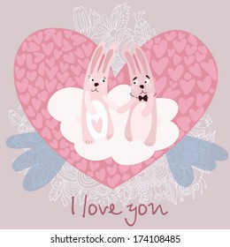 Romantic concept with cute bunnies in love. Valentines day card in cartoon style.