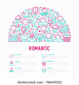 Romantic concept in half circle with thin line icons, related to dating, honeymoon, Valentine's day. Modern vector illustration, web page template about Valentine's day.