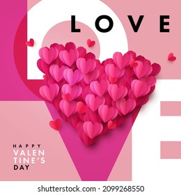 Romantic concept of Happy Valentines Day card. Modern Design template with typography logo of Love in modern overlay style and big pink red realistic 3d Origami Heart made of many beautiful hearts