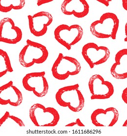 Romantic concept with hearts. Brush stroke seamless pattern. Written red lipstick hearts. Hand drawn heart. Symbols love grunge style for design wedding invitation, cosmetics, gift wrapper, prints