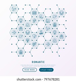 Romantic concept in honeycombs with thin line icons, related to dating, honeymoon, Valentine's day. Modern vector illustration, web page template.