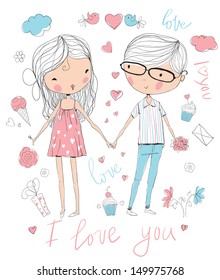 Romantic concept. Loving boy and girl. Cute cartoon vector illustration 