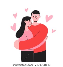 Romantic concept. Man and woman hugging. Love couple. Happy man and woman falling in love. Shapes of hearts on the background. Vector cartoon flat illustration. Isolated on white background.