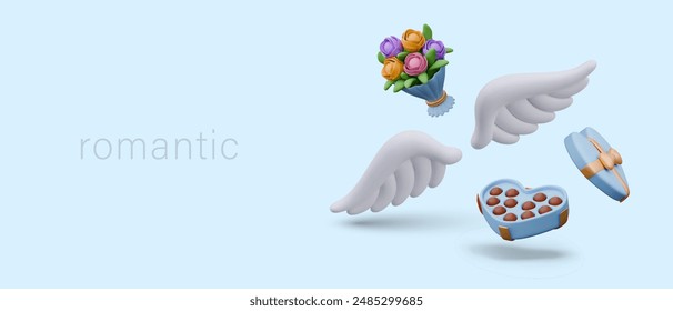 Romantic concept on blue background. Realistic box with chocolates, angel wings, bouquet of flowers