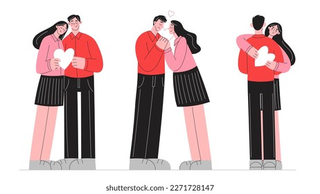 Concepto romántico. Colección de personas enamoradas.  Amo a las parejas. Feliz hombre y mujer enamorándose. Te sostienen el corazón en la mano. Ilustración plana de dibujos animados. Aislado sobre fondo blanco.