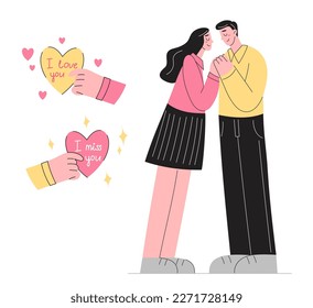 Concepto romántico. Colección de personas enamoradas.  La pareja de amor. Feliz hombre y mujer enamorándose. Te sostienen el corazón en la mano. Ilustración plana de dibujos animados. Aislado sobre fondo blanco.