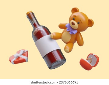 Romantic concept. Realistic teddy bear, bottle of red wine, box of candy, ring. Accessories for date. Marriage proposal. Valentines day. Vector composition on colored background