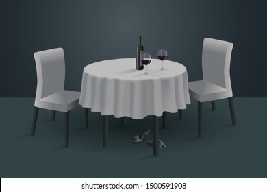 Romantic concept, table for two. Round table, two chairs, white tablecloth, bottle of wine, two glasses, women's sandals under the table. Vector illustration in realistic style