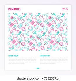 Romantic concept with thin line icons, related to dating, honeymoon, Valentine's day. Modern vector illustration, web page template.