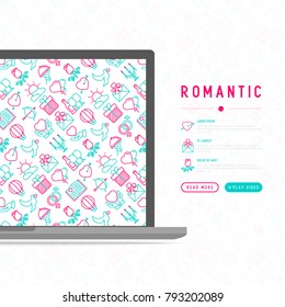 Romantic concept with thin line icons, related to dating, honeymoon, Valentine's day. Modern vector illustration, web page template.