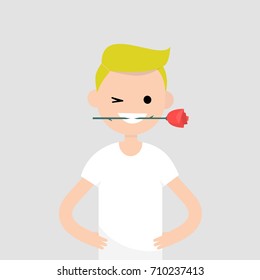 Romantic concept. Young character holding a red rose in his mouth / flat editable vector illustration, clip art