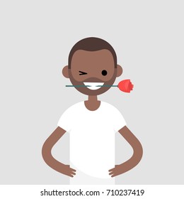 Romantic concept. Young character holding a red rose in his mouth / flat editable vector illustration, clip art