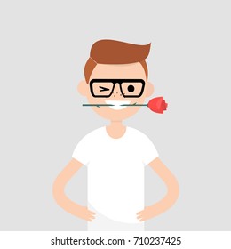 Romantic concept. Young character holding a red rose in his mouth / flat editable vector illustration, clip art