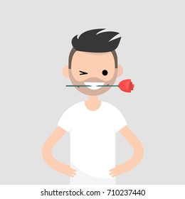 Romantic concept. Young character holding a red rose in his mouth / flat editable vector illustration, clip art