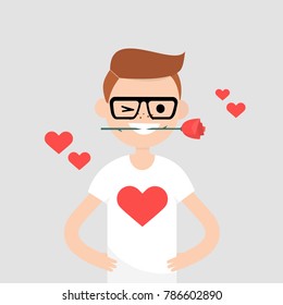 Romantic concept. Young character holding a red rose in his mouth. Saint Valentines Day / flat editable vector illustration, clip art