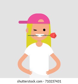 Romantic concept. Young female character holding a red rose in her mouth / flat editable vector illustration, clip art