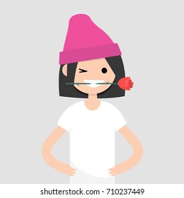 Romantic concept. Young female character holding a red rose in her mouth / flat editable vector illustration, clip art
