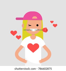 Romantic concept. Young female character holding a red rose in her mouth. Saint Valentines Day / flat editable vector illustration, clip art